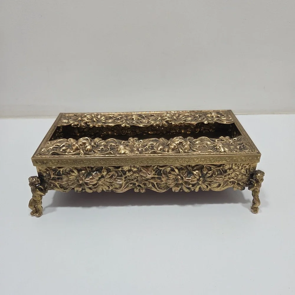 Vintage Cherub Angel Footed Tissue Box Vanity Gold Tone Ormolu